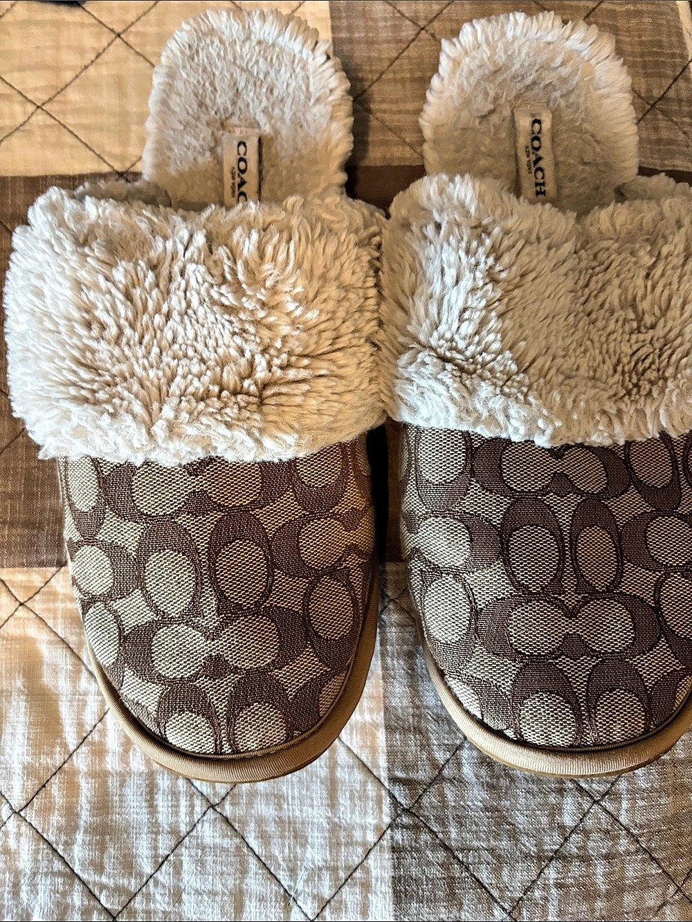 Coach Signature Shearling Slippers Brown & Cream